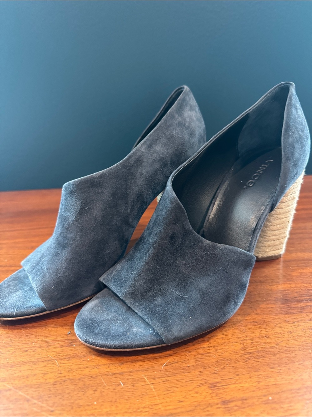 Vince Suede Open-Toe Block Heel in Navy Blue